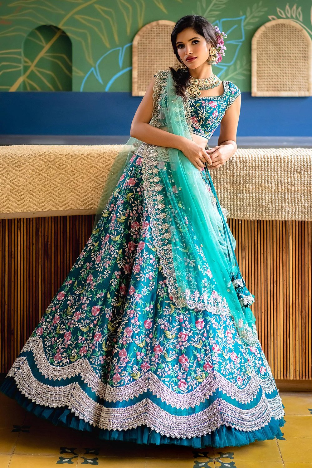 Women's Aqua Blue Satin Embroidery Party Wear Lehengha Choli