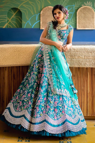Women's Aqua Blue Satin Embroidery Party Wear Lehengha Choli