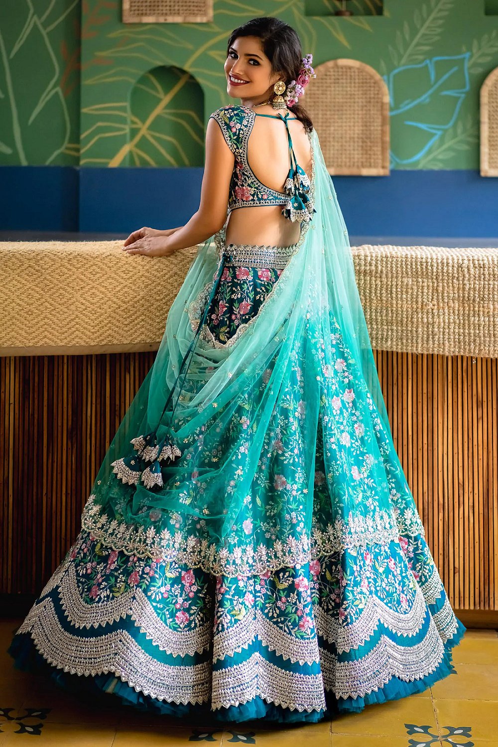 Women's Aqua Blue Satin Embroidery Party Wear Lehengha Choli