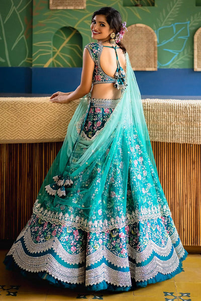 Women's Aqua Blue Satin Embroidery Party Wear Lehengha Choli