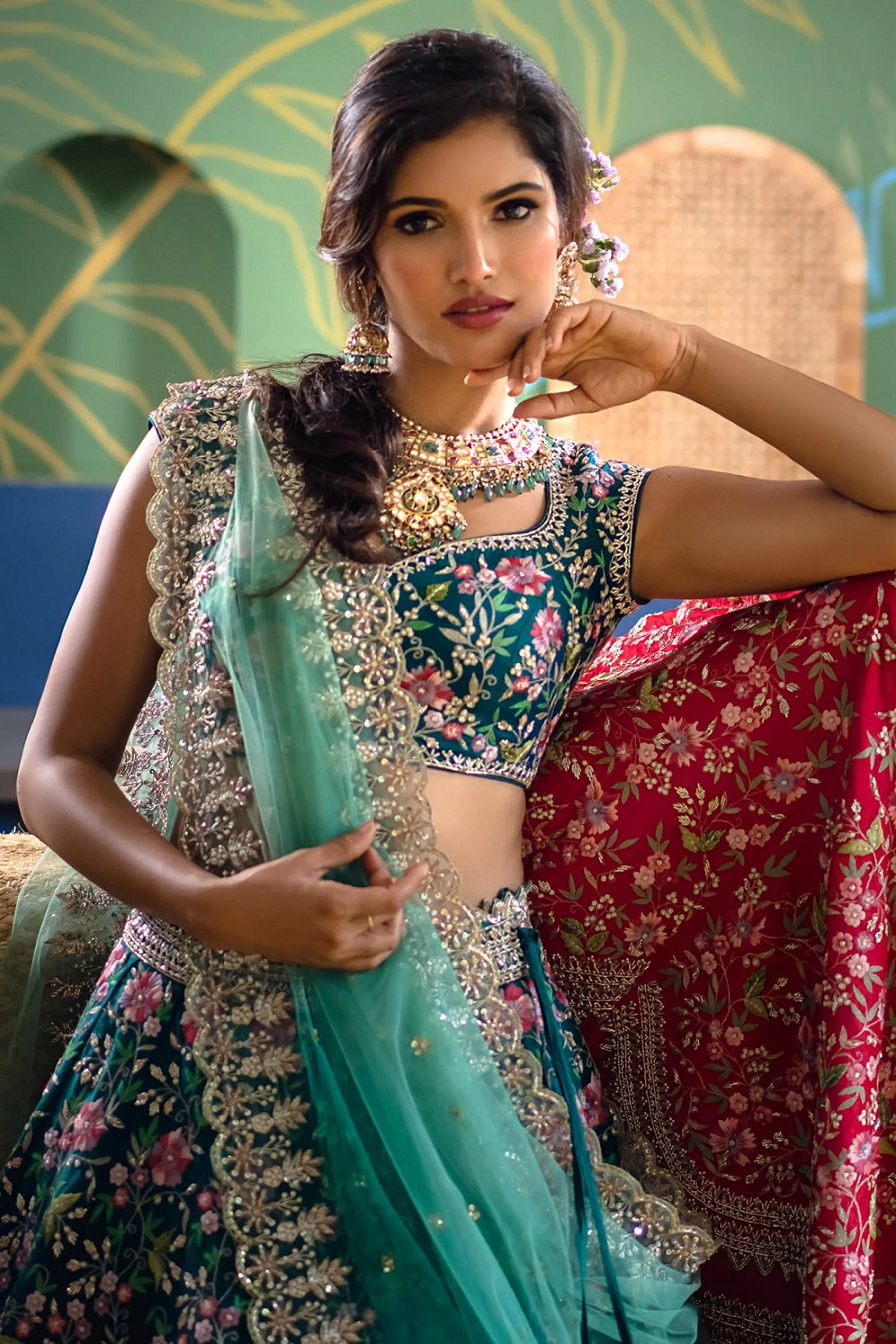 Women's Aqua Blue Satin Embroidery Party Wear Lehengha Choli