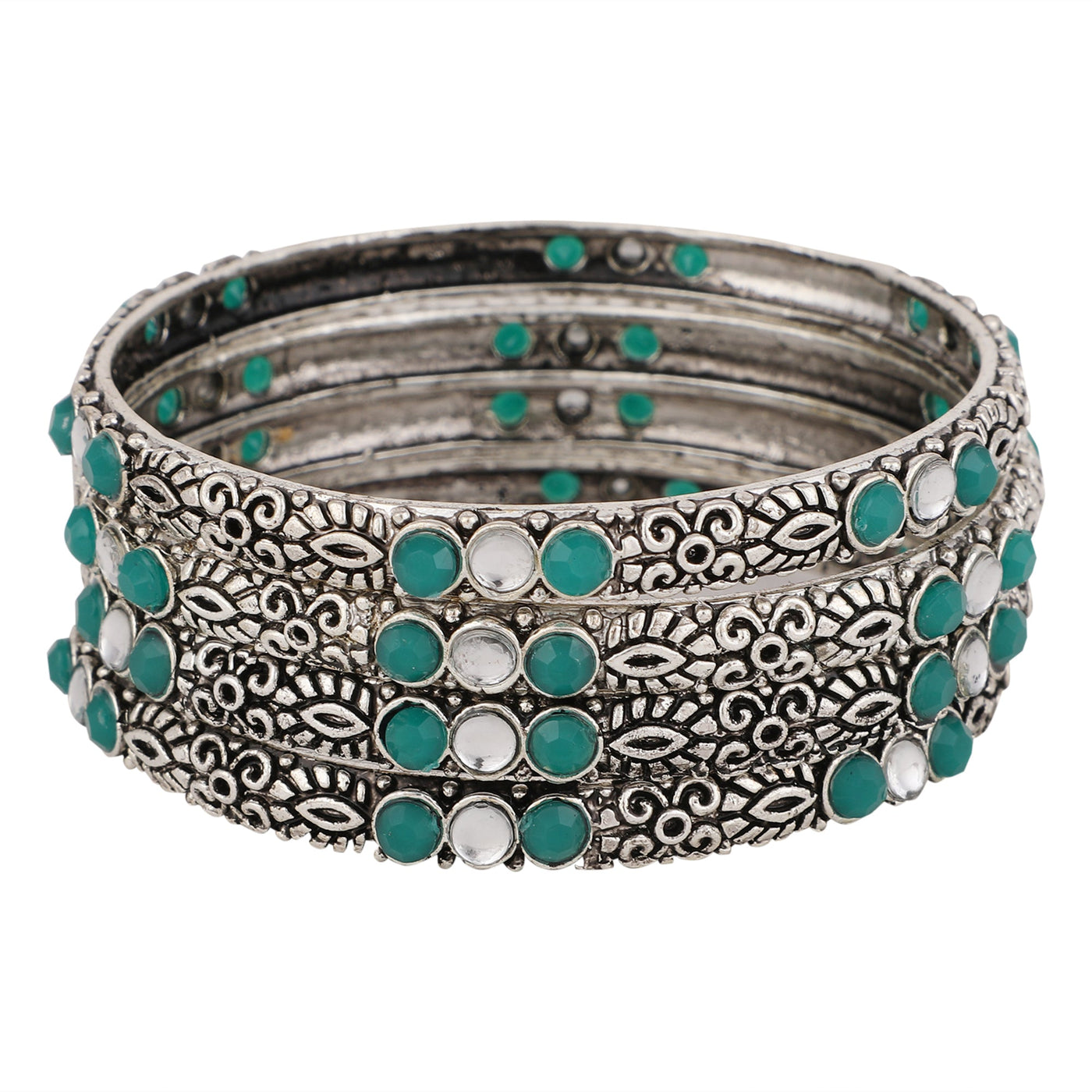 Women's Set Of 4 Oxidised Silver-Plated Pink Ruby Studded Hand Crafted Bangles