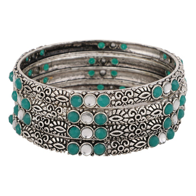 Women's Set Of 4 Oxidised Silver-Plated Pink Ruby Studded Hand Crafted Bangles