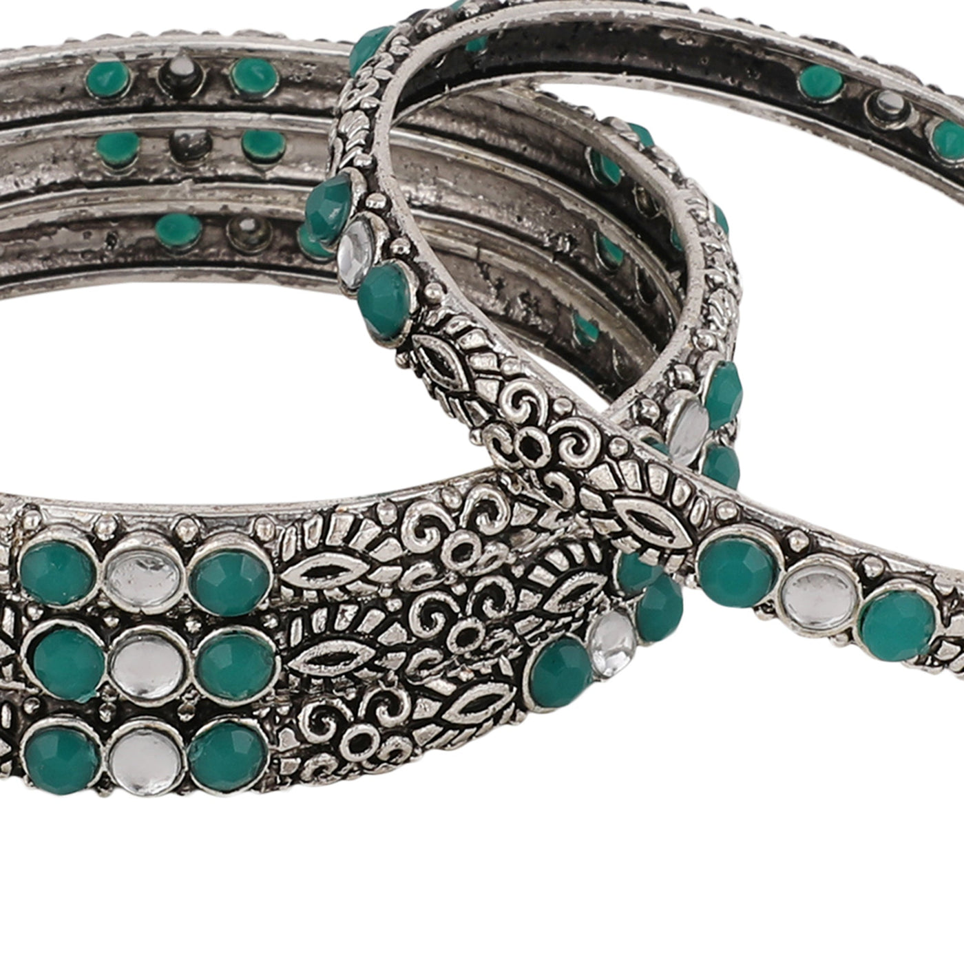 Women's Set Of 4 Oxidised Silver-Plated Pink Ruby Studded Hand Crafted Bangles