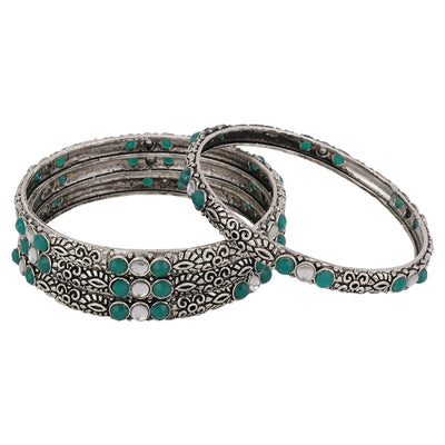 Women's Set Of 4 Oxidised Silver-Plated Pink Ruby Studded Hand Crafted Bangles