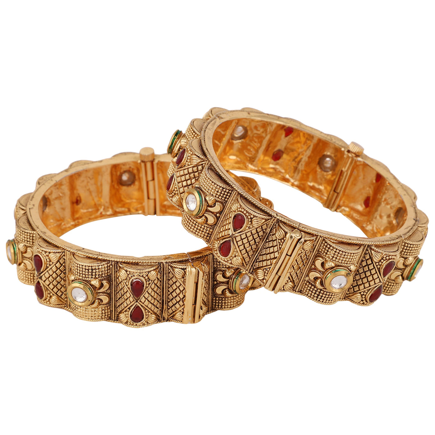 Women's Set Of 2 24 Ct Gold-Plated & Red Stone-Studded Bangles