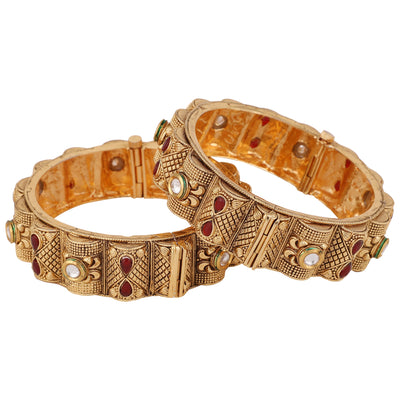 Women's Set Of 2 24 Ct Gold-Plated & Red Stone-Studded Bangles