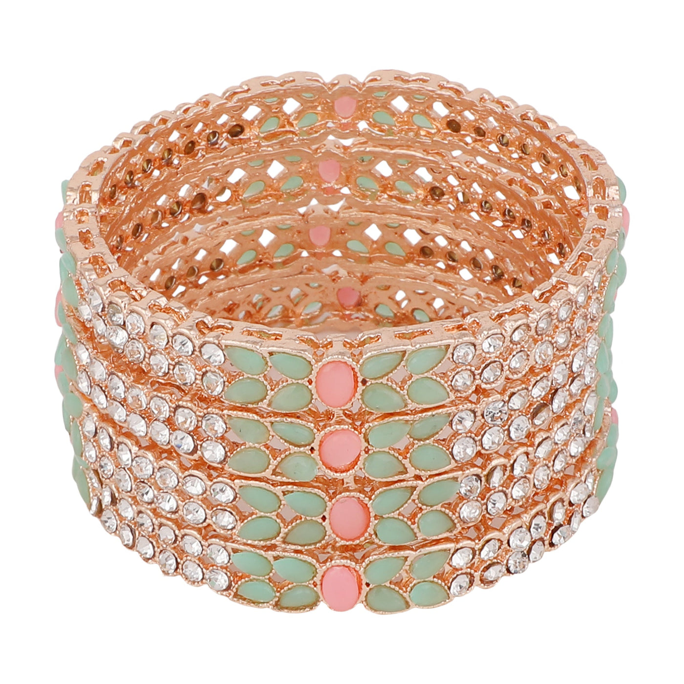 Women's Set Of 2 Rose Gold-Plated & Sea-Green Baby Pink Ad-Studded Bangles
