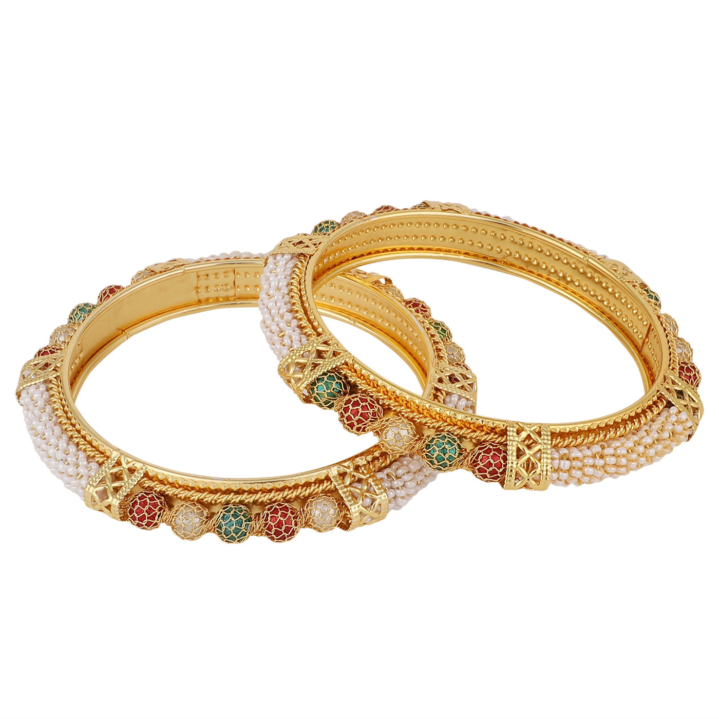 Women's Set Of 2 Gold Plated Pearl Studded & Beaded Bangles