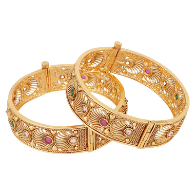 Women's Set Of 2 24K Gold-Plated Red & Green Ruby Stone-Studded Filigree Hand Crafted Bangles
