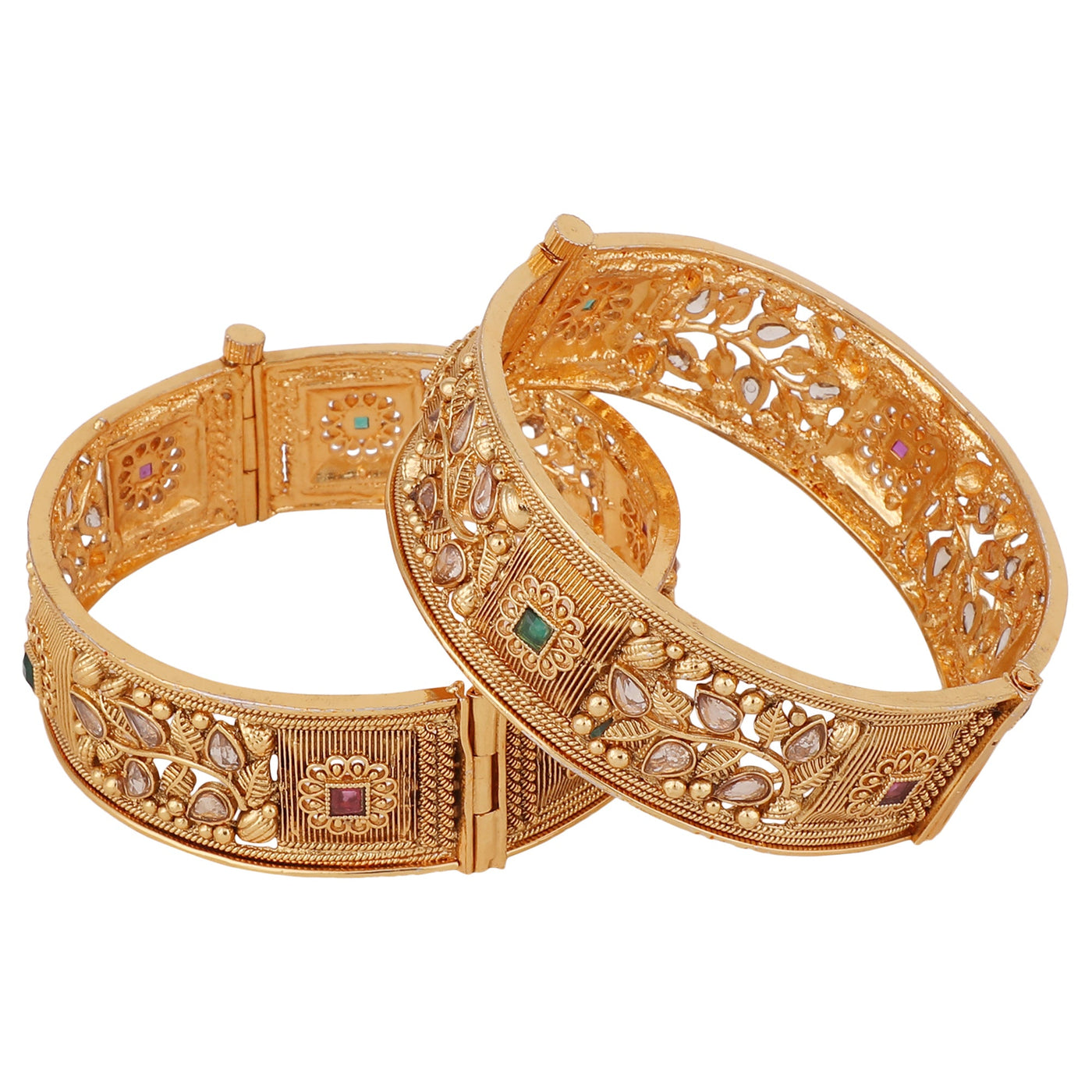 Women's Set Of 2 Gold-Plated Red & Green Stone-Studded Antique Bangles