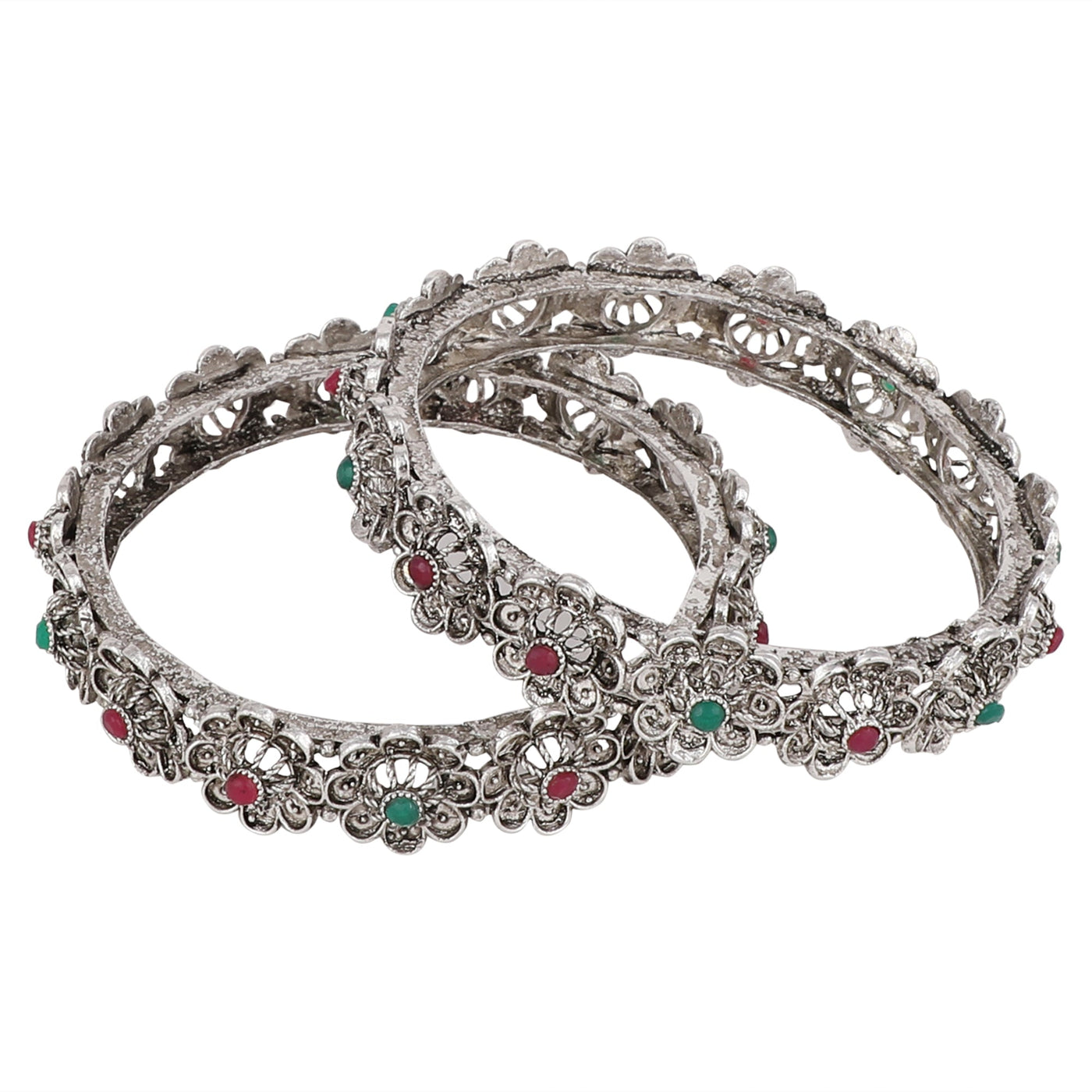 Women's Set Of 2 Silver-Toned Pink& Green Oxidised Stone Studded Bangles
