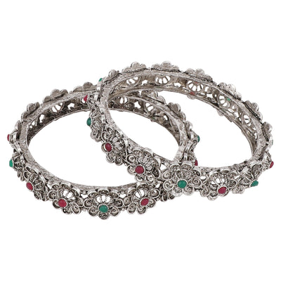 Women's Set Of 2 Silver-Toned Pink& Green Oxidised Stone Studded Bangles
