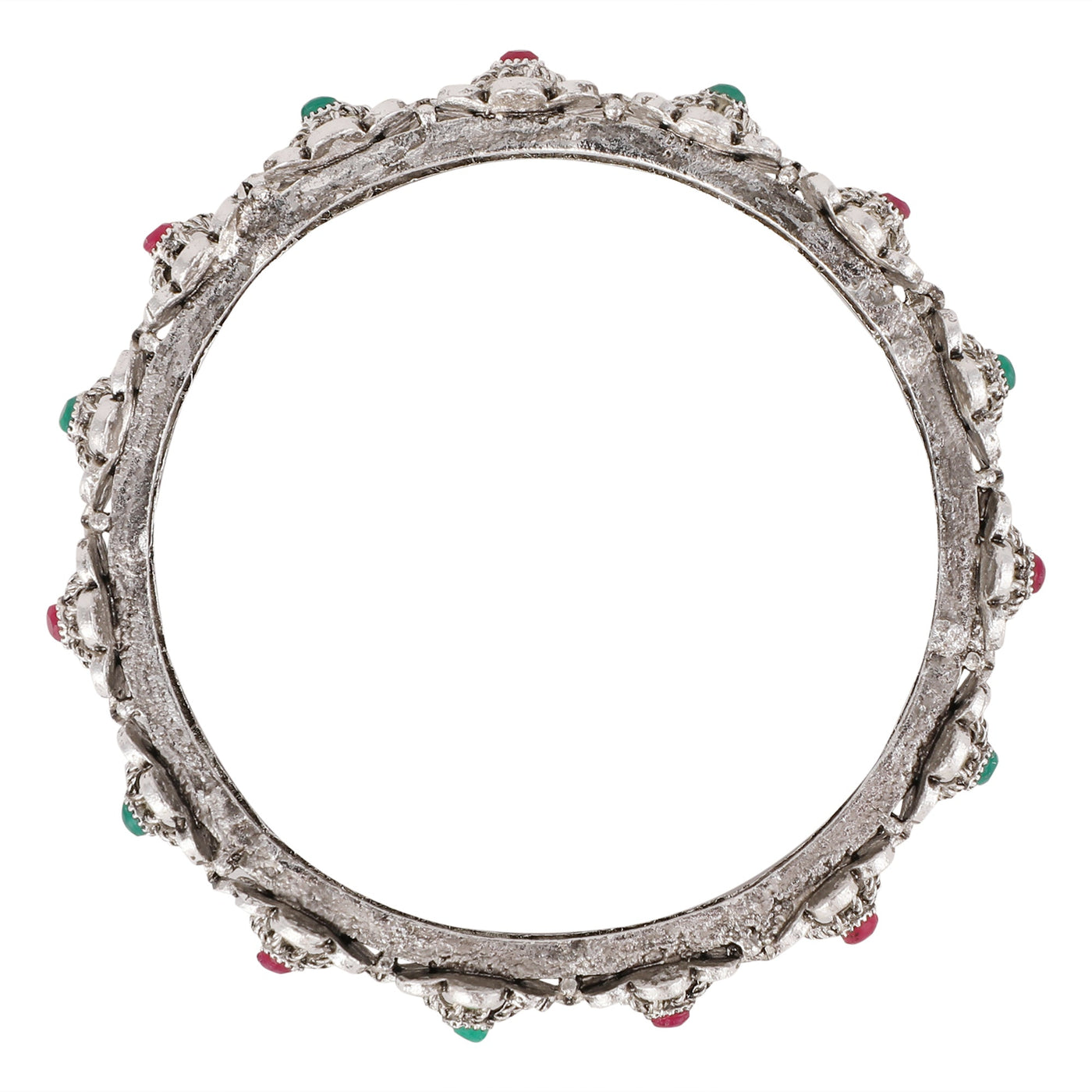 Women's Set Of 2 Silver-Toned Pink& Green Oxidised Stone Studded Bangles