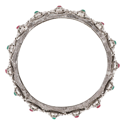 Women's Set Of 2 Silver-Toned Pink& Green Oxidised Stone Studded Bangles