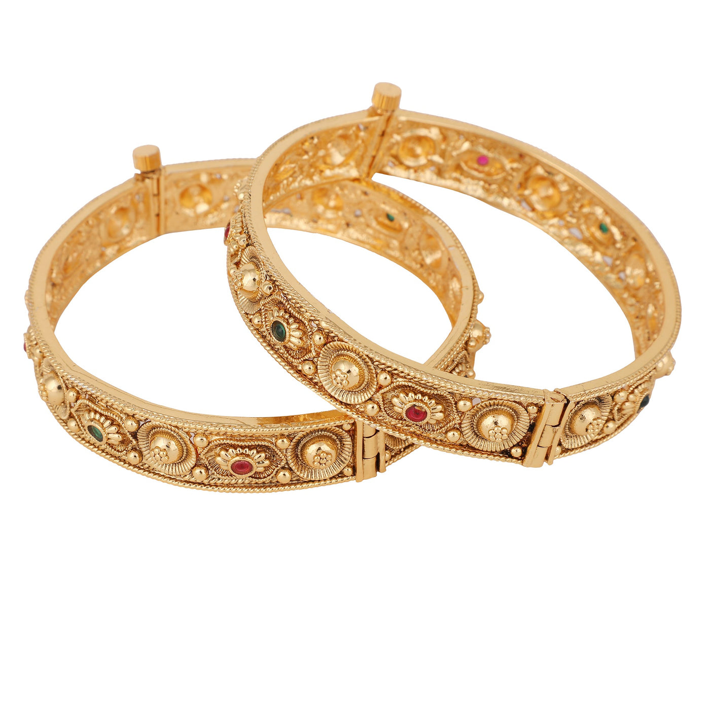 Women's Set Of 2 24K Gold-Plated & Pink Stone-Studded Hand Crafted Filigree Bangles