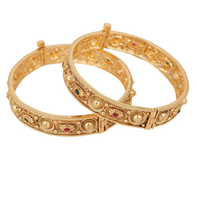 Women's Set Of 2 24K Gold-Plated & Pink Stone-Studded Hand Crafted Filigree Bangles
