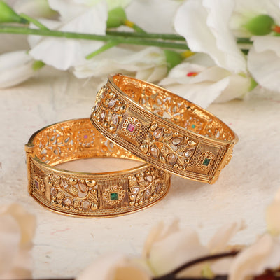 Women's Set Of 2 Gold-Plated Red & Green Stone-Studded Antique Bangles