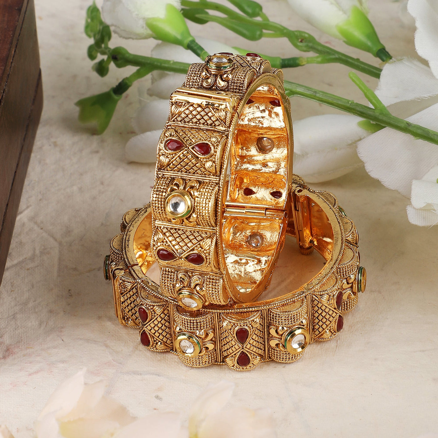 Women's Set Of 2 24 Ct Gold-Plated & Red Stone-Studded Bangles