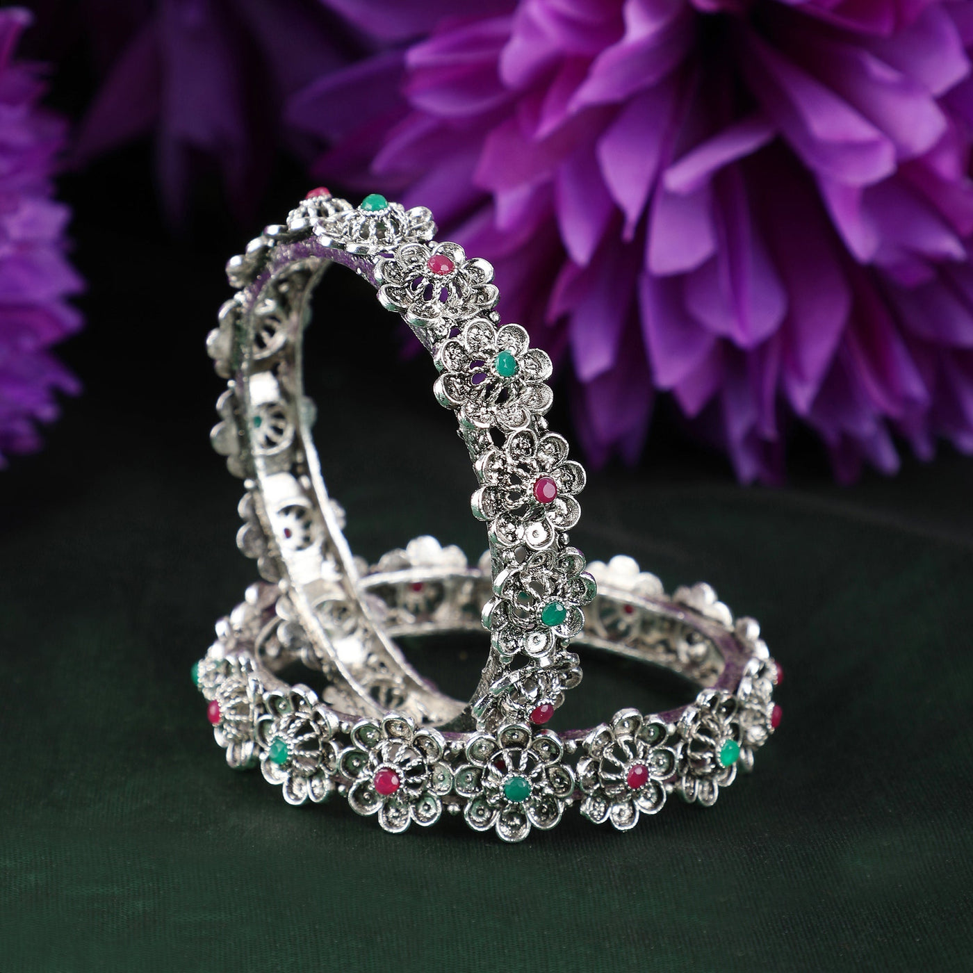 Women's Set Of 2 Silver-Toned Pink& Green Oxidised Stone Studded Bangles