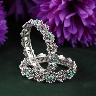 Women's Set Of 2 Silver-Toned Pink& Green Oxidised Stone Studded Bangles