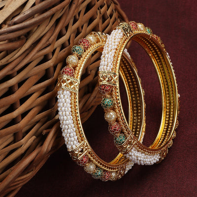 Women's Set Of 2 Gold Plated Pearl Studded & Beaded Bangles