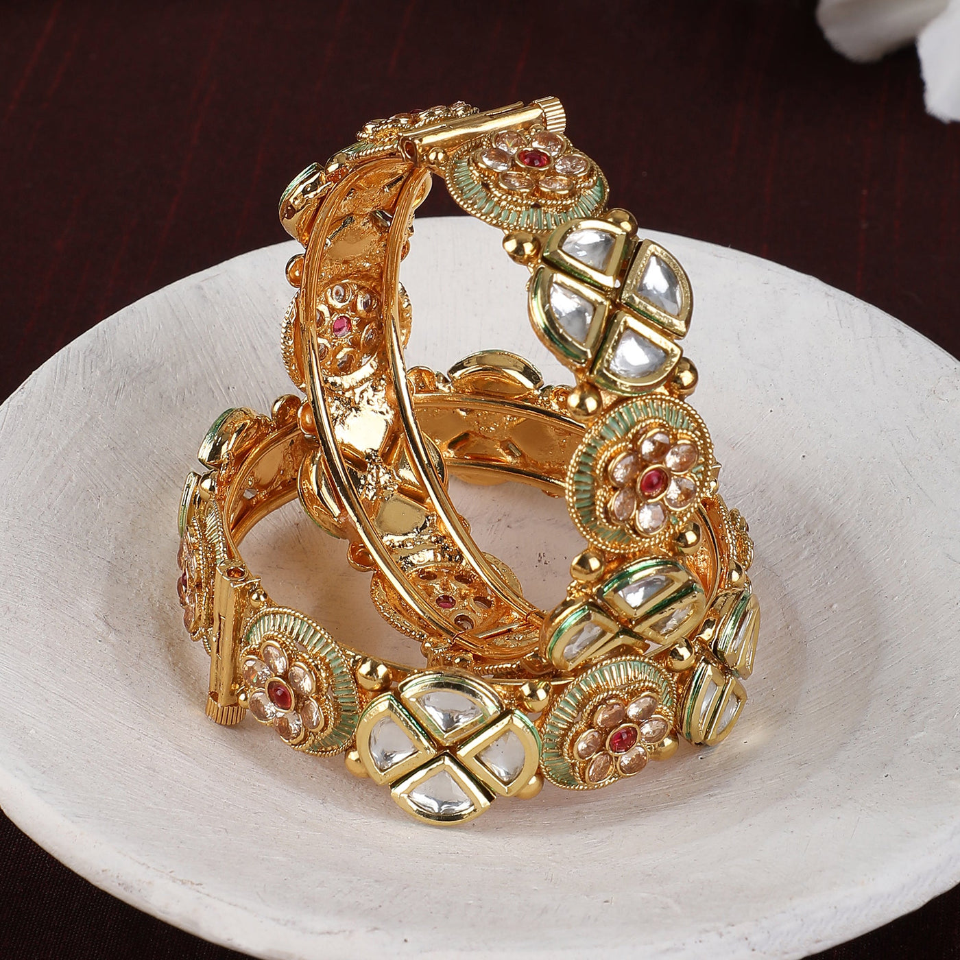 Women's Set Of 2 24K Gold-Plated & White Embellished Designer Bangles