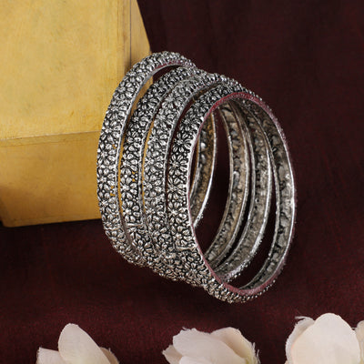 Women's Set Of 4 Oxidised Silver-Plated Hand Crafted Bangles