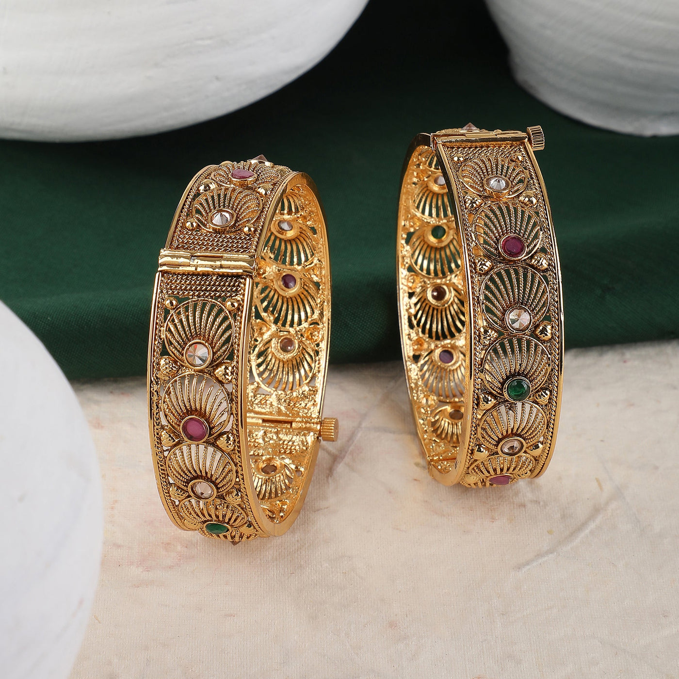 Women's Set Of 2 24K Gold-Plated Red & Green Ruby Stone-Studded Filigree Hand Crafted Bangles