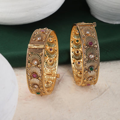 Women's Set Of 2 24K Gold-Plated Red & Green Ruby Stone-Studded Filigree Hand Crafted Bangles