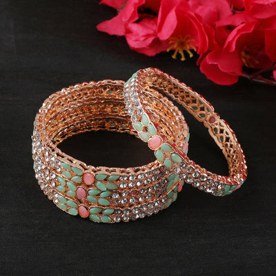 Women's Set Of 2 Rose Gold-Plated & Sea-Green Baby Pink Ad-Studded Bangles