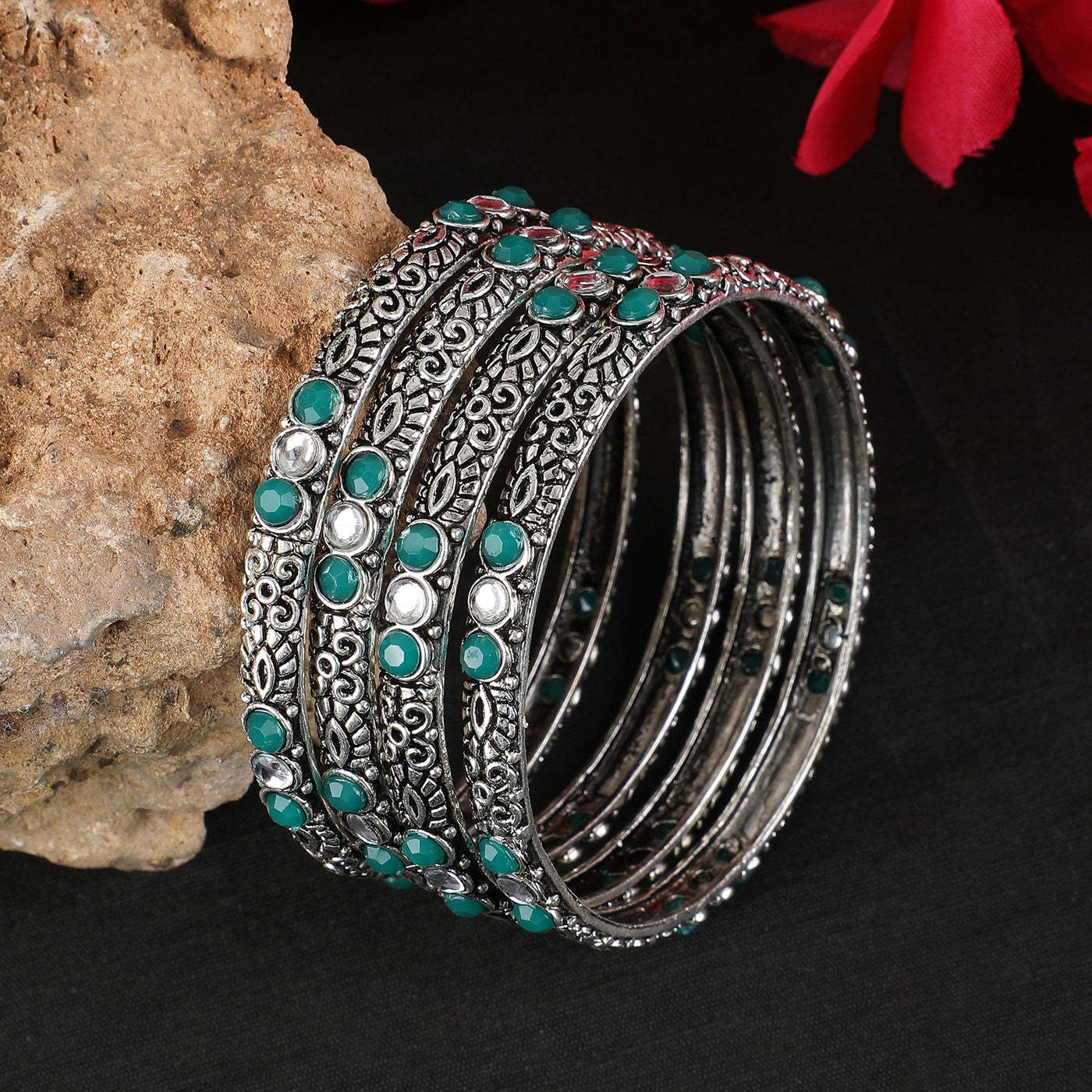 Women's Set Of 4 Oxidised Silver-Plated Pink Ruby Studded Hand Crafted Bangles