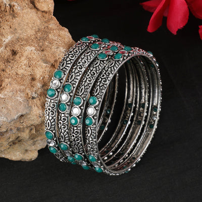 Women's Set Of 4 Oxidised Silver-Plated Pink Ruby Studded Hand Crafted Bangles