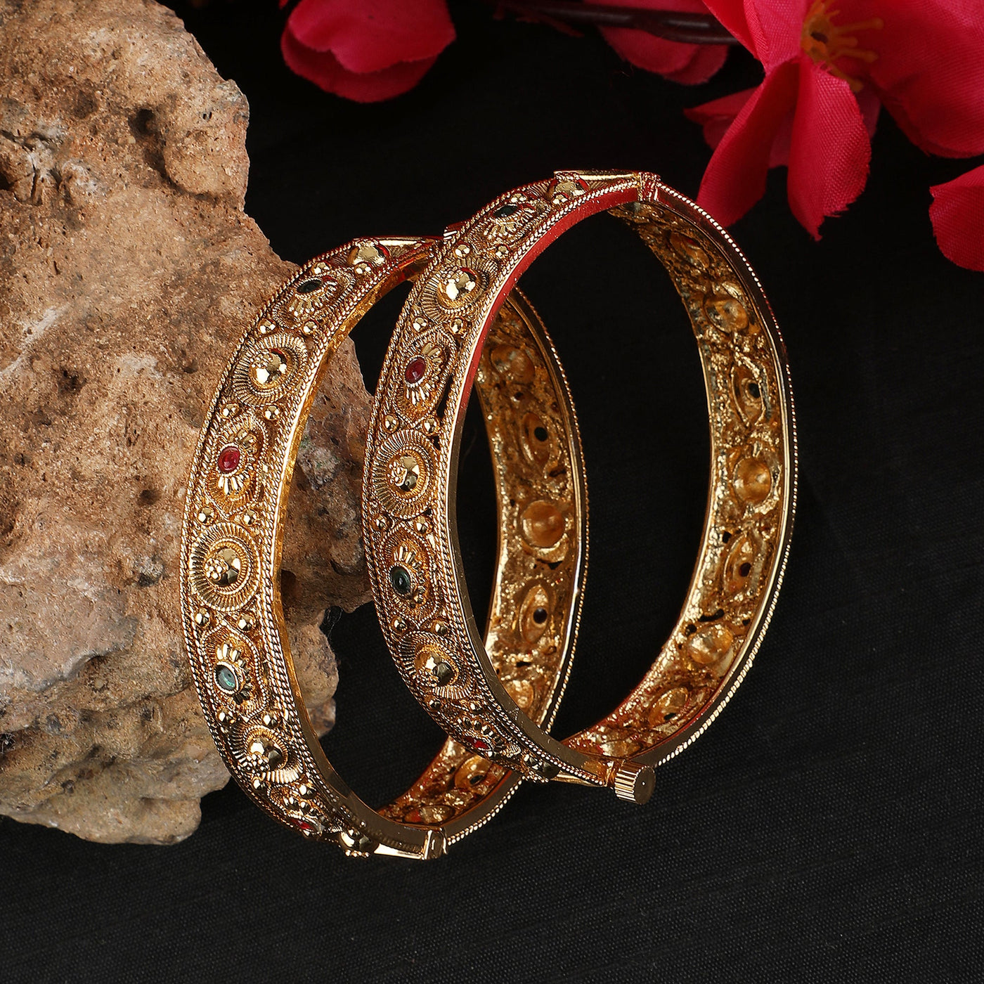 Women's Set Of 2 24K Gold-Plated & Pink Stone-Studded Hand Crafted Filigree Bangles