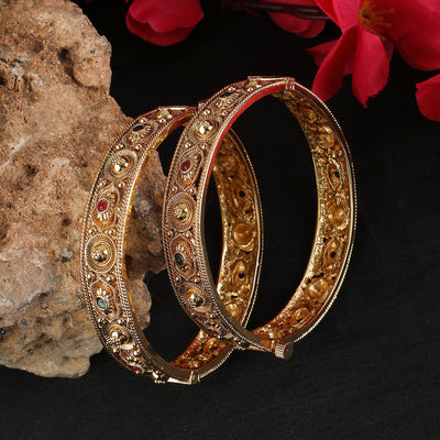 Women's Set Of 2 24K Gold-Plated & Pink Stone-Studded Hand Crafted Filigree Bangles