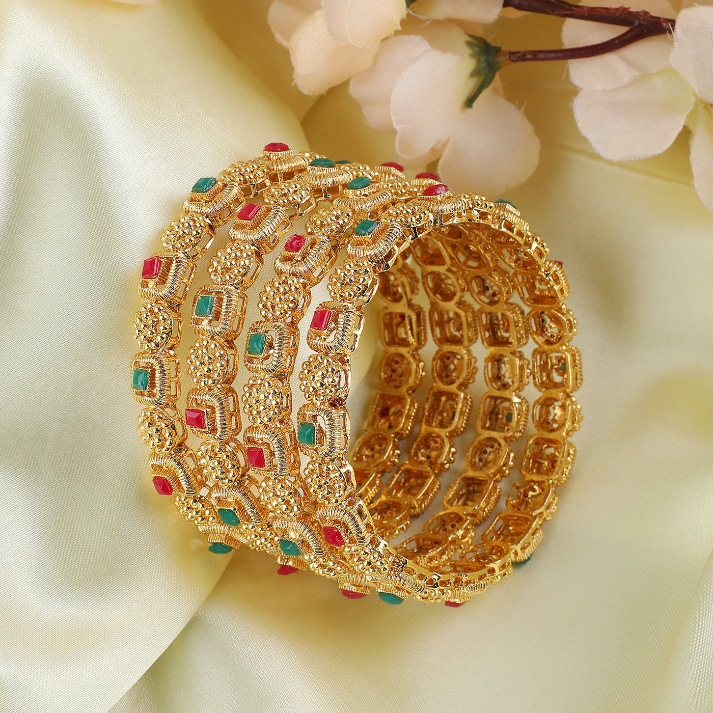 Women's Set Of 4 Gold Plated & White Ad Studded Designer Bangles