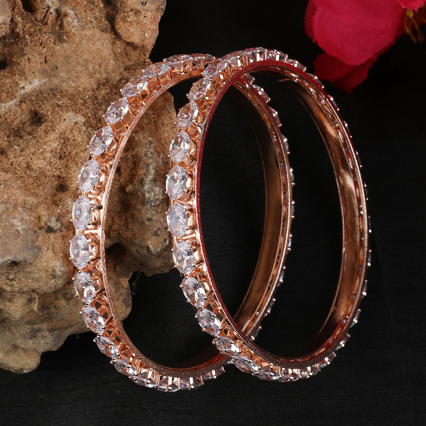 Women's Pack Of 2 Rose Gold-Plated White Ad Studded Bangle