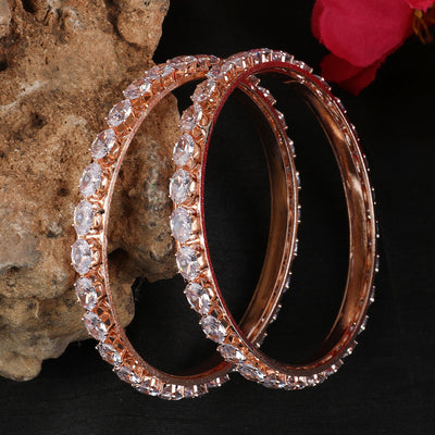 Women's Pack Of 2 Rose Gold-Plated White Ad Studded Bangle