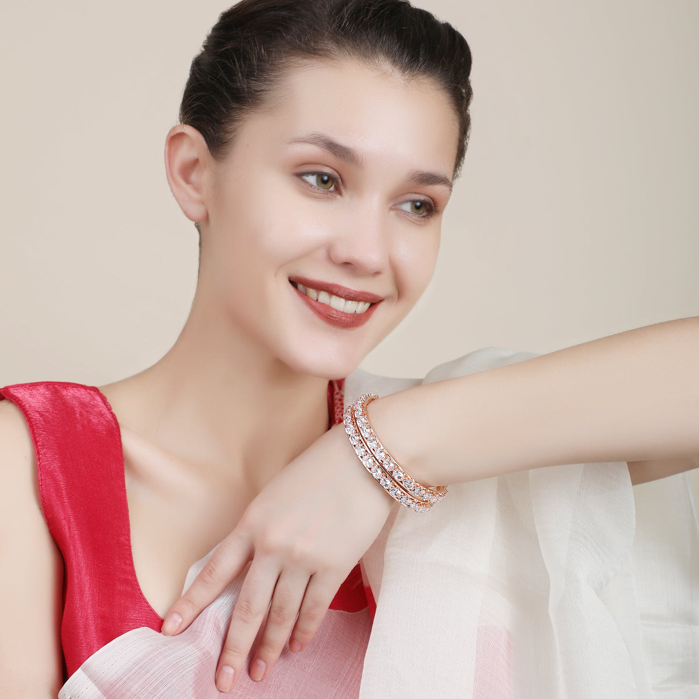 Women's Pack Of 2 Rose Gold-Plated White Ad Studded Bangle