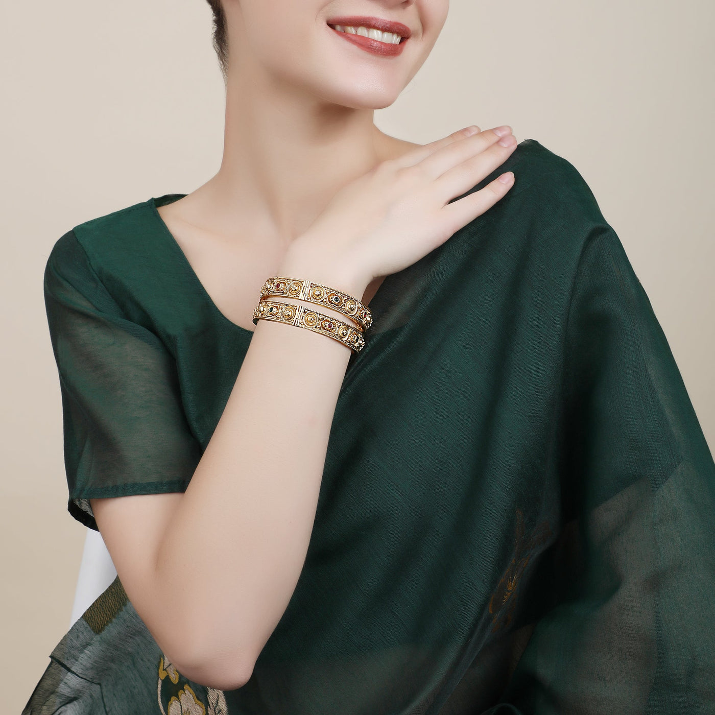 Women's Set Of 2 24K Gold-Plated & Pink Stone-Studded Hand Crafted Filigree Bangles