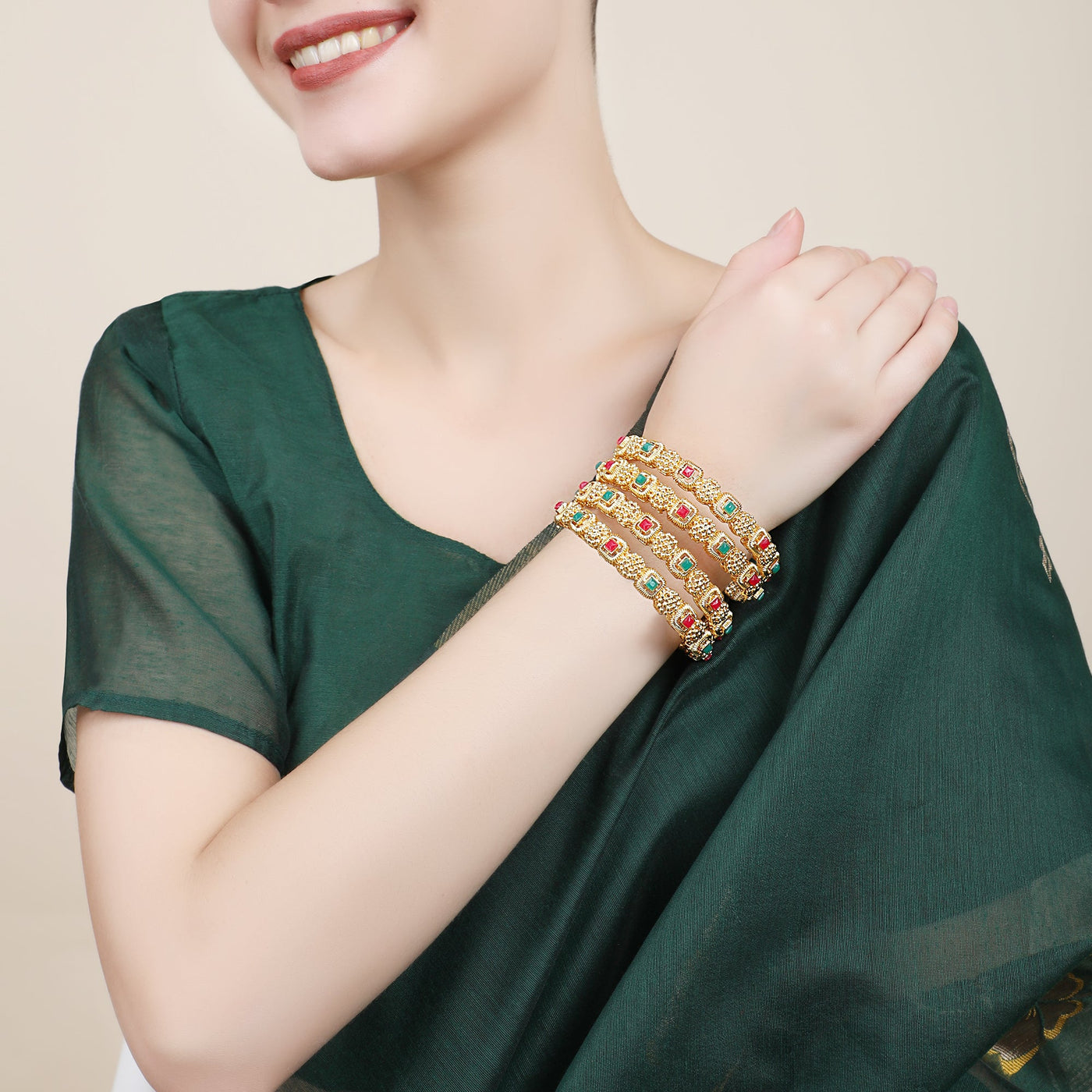 Women's Set Of 4 Gold Plated & White Ad Studded Designer Bangles