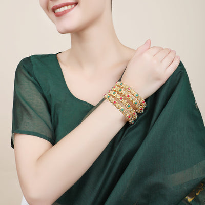 Women's Set Of 4 Gold Plated & White Ad Studded Designer Bangles