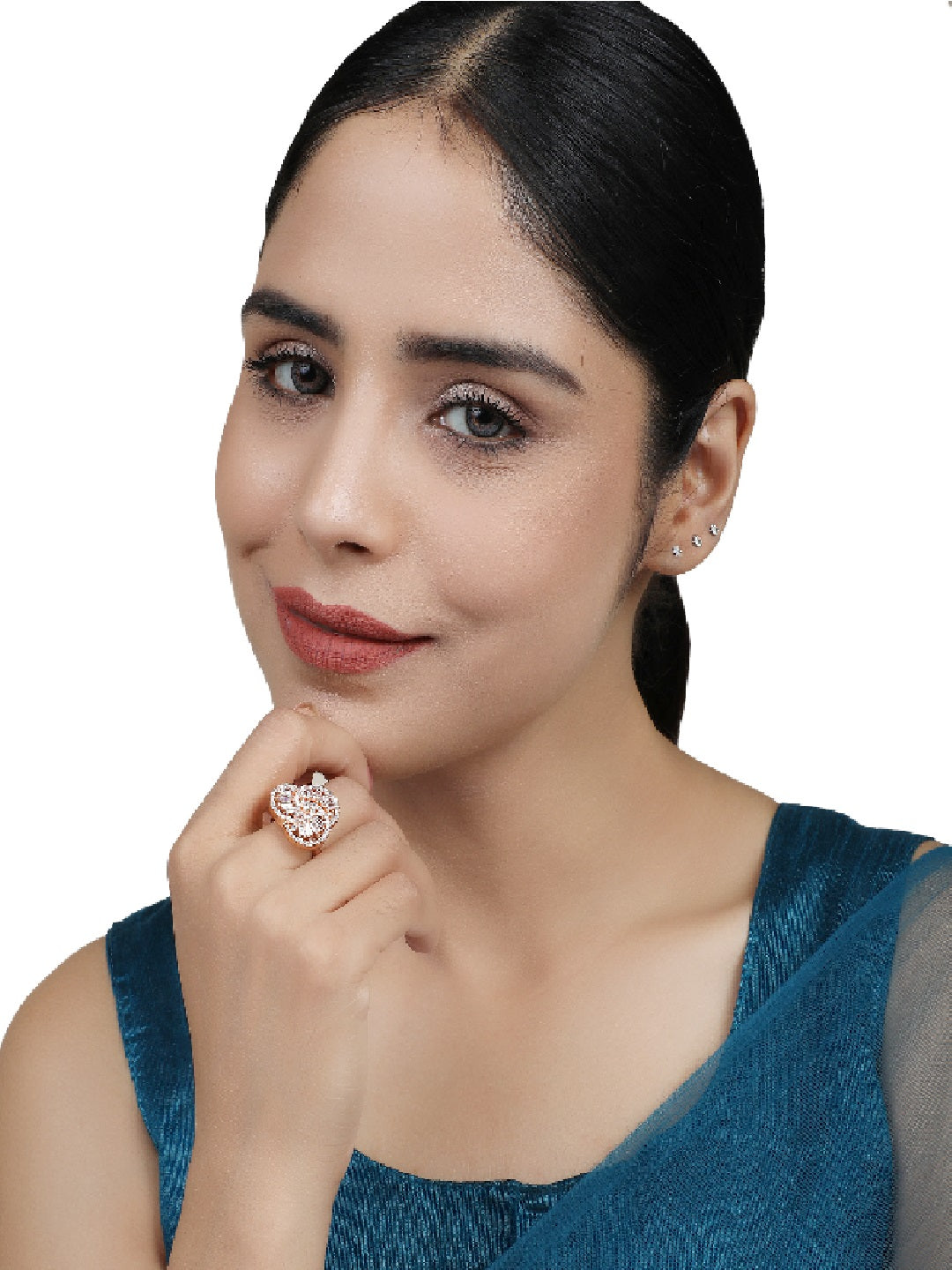 Women's Rose Gold-Plated Ad Studded Circular Hand Crafted Adjustable Finger Ring