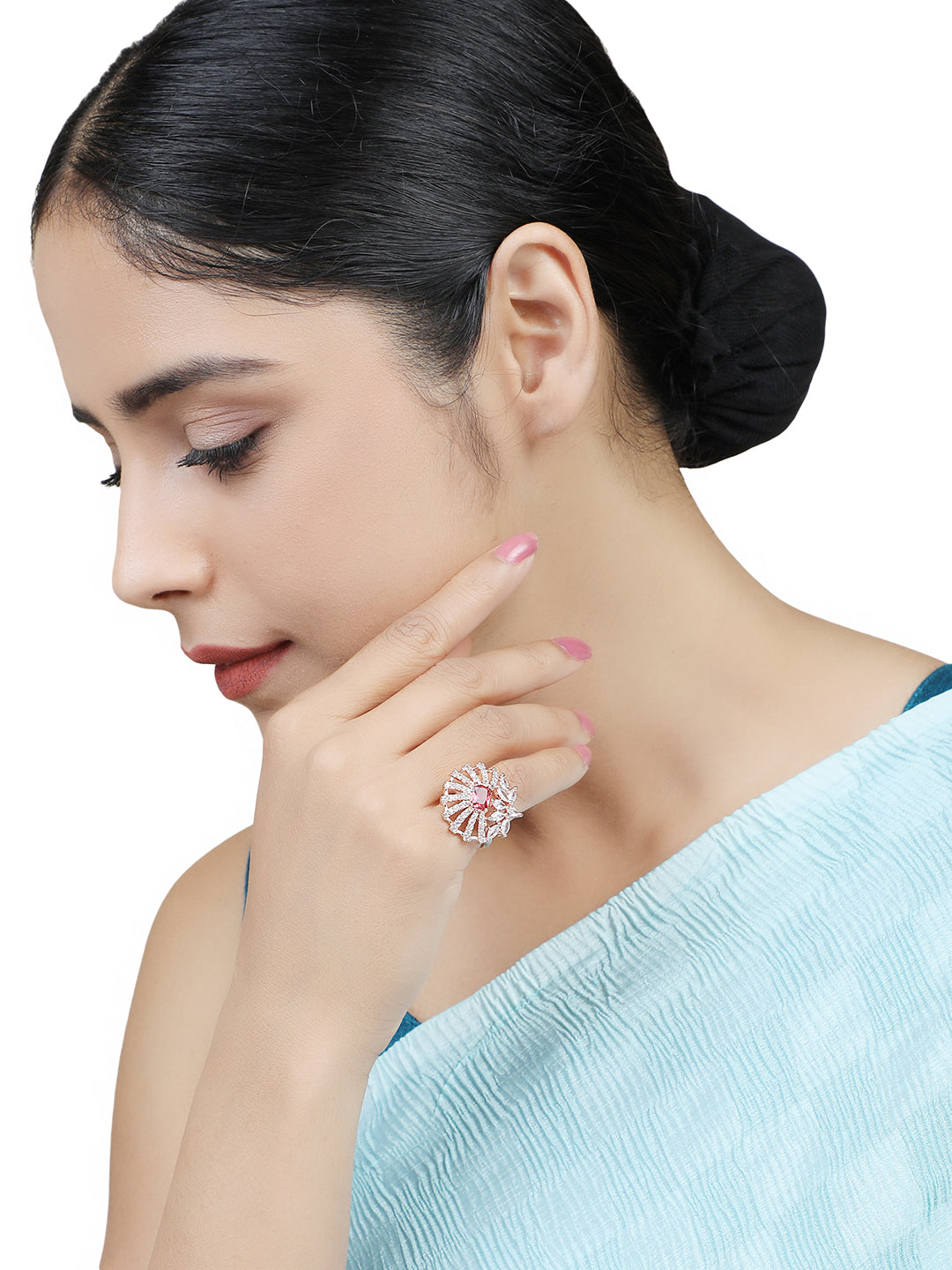 Women's Gold-Plated Red & White Ruby & Ad-Studded Adjustable Finger Ring