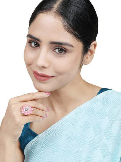 Women's Pink Gold-Plated Ad-Studded Hand Crafted Adjustable Finger Ring