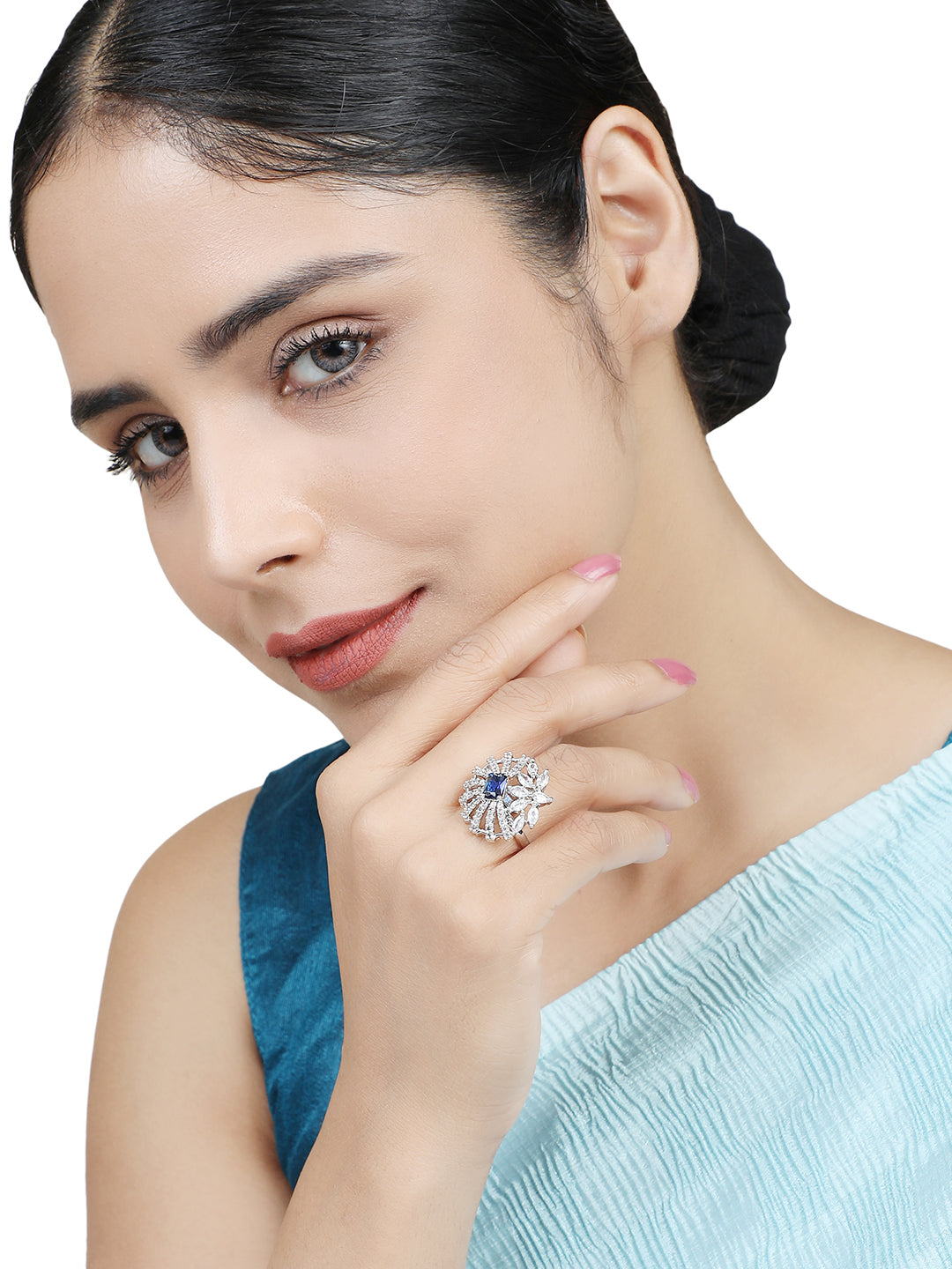 Women's Silver-Plated Blue & White Ad-Studded Hand Crafted Adjustable Finger Ring