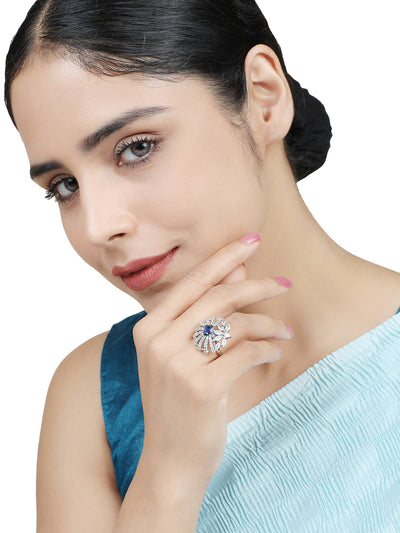 Women's Silver-Plated Blue & White Ad-Studded Hand Crafted Adjustable Finger Ring