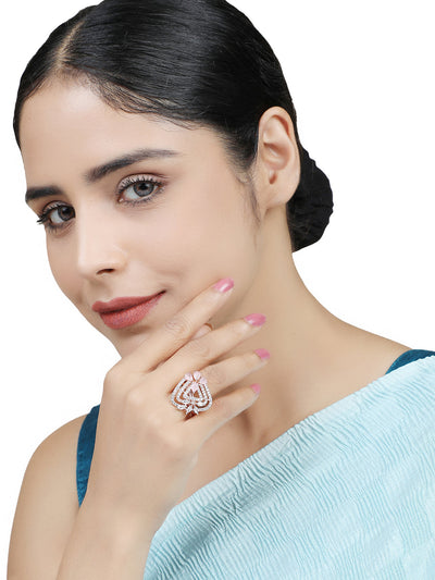 Women's Gold-Plated Pink & White Ad-Studded Adjustable Finger Ring