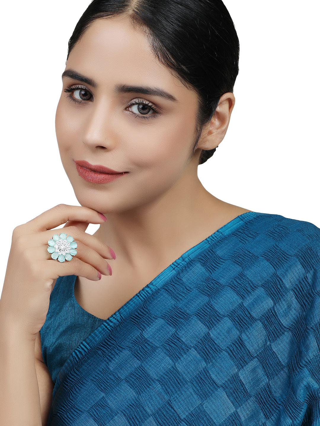 Women's Sea Green Silver-Plated Ad-Studded Hand Crafted Adjustable Finger Ring