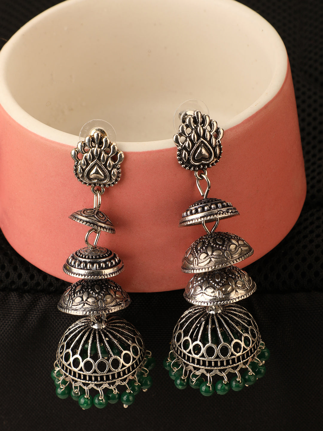 Women's Designer Silver Tone Oxidised Green Bead Jhumka Earring